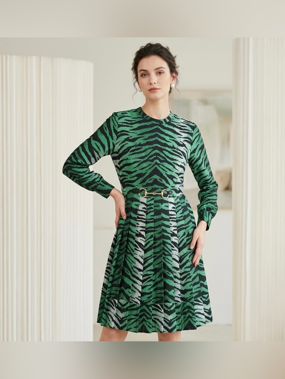 Manoush Women’s Green Long Sleeve Zebra/Tiger Print Pleated Midi Dress Size 12
